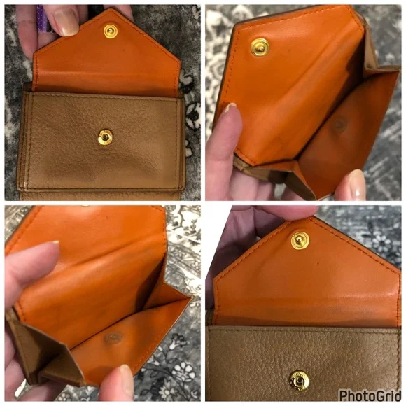 Prada AUTHENTIC Tan Leather Orange Interior Trifold Gold Logo Compact Wallet - Picture 11 of 16